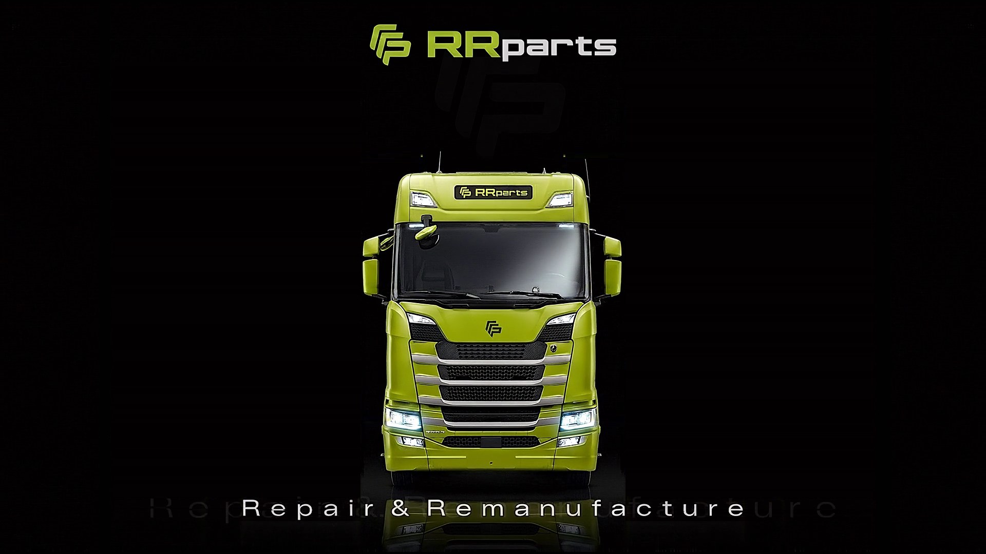 Zielony ciągnik siodłowy z logo RR Parts i czterema kafelkami: OEM / OES, produkty regenerowane, aftermarket, rdzenie.